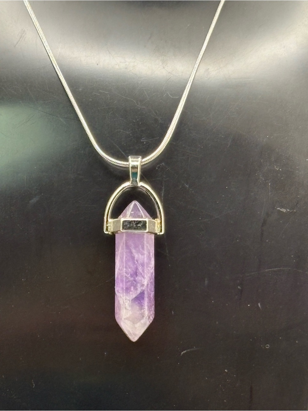 Amethyst Crystal Point Pendant Necklace Silver Tone